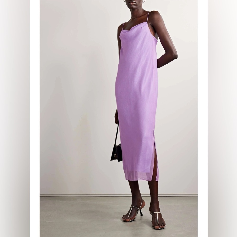 VINCE 100% Silk Cowl Neck Slip Dress Lilac Lavender Midi Lined Midi Dress Size L